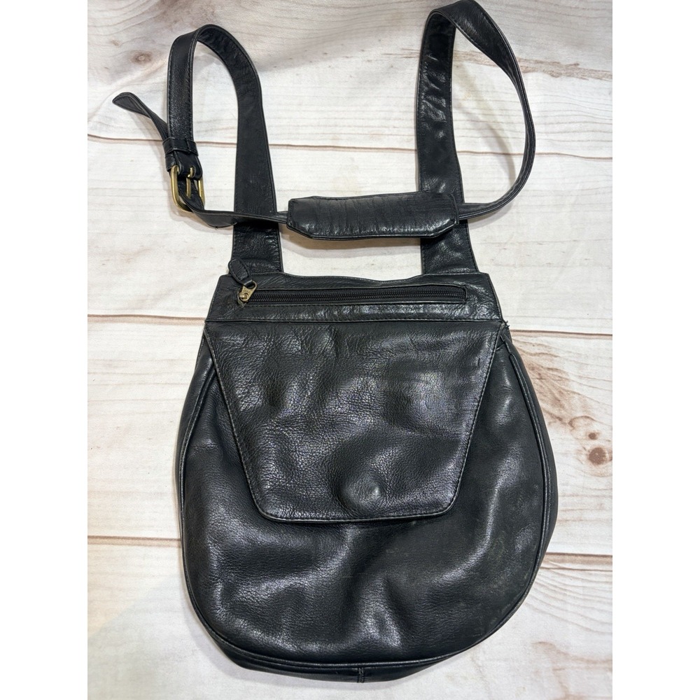 Vintage TravelSmith Adventure Gear Black Leather Crossbody Shoulder Bag Purse